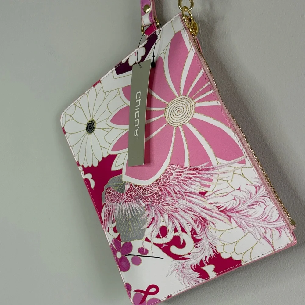 Chico’s NWT Pink Floral Wristlet Clutch Gold Hardware
